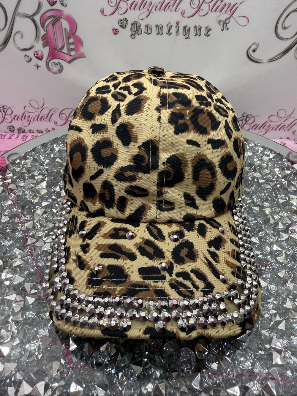 Hat rhinestone y2k bling silver Leopard Print Rhinestone Baseball Cap -